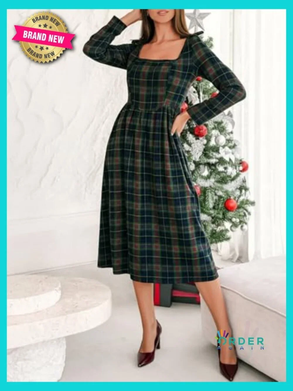 Square Neck Midi Dress Long Sleeve Smocked Waist Bow Knots Plaid Pattern Fall